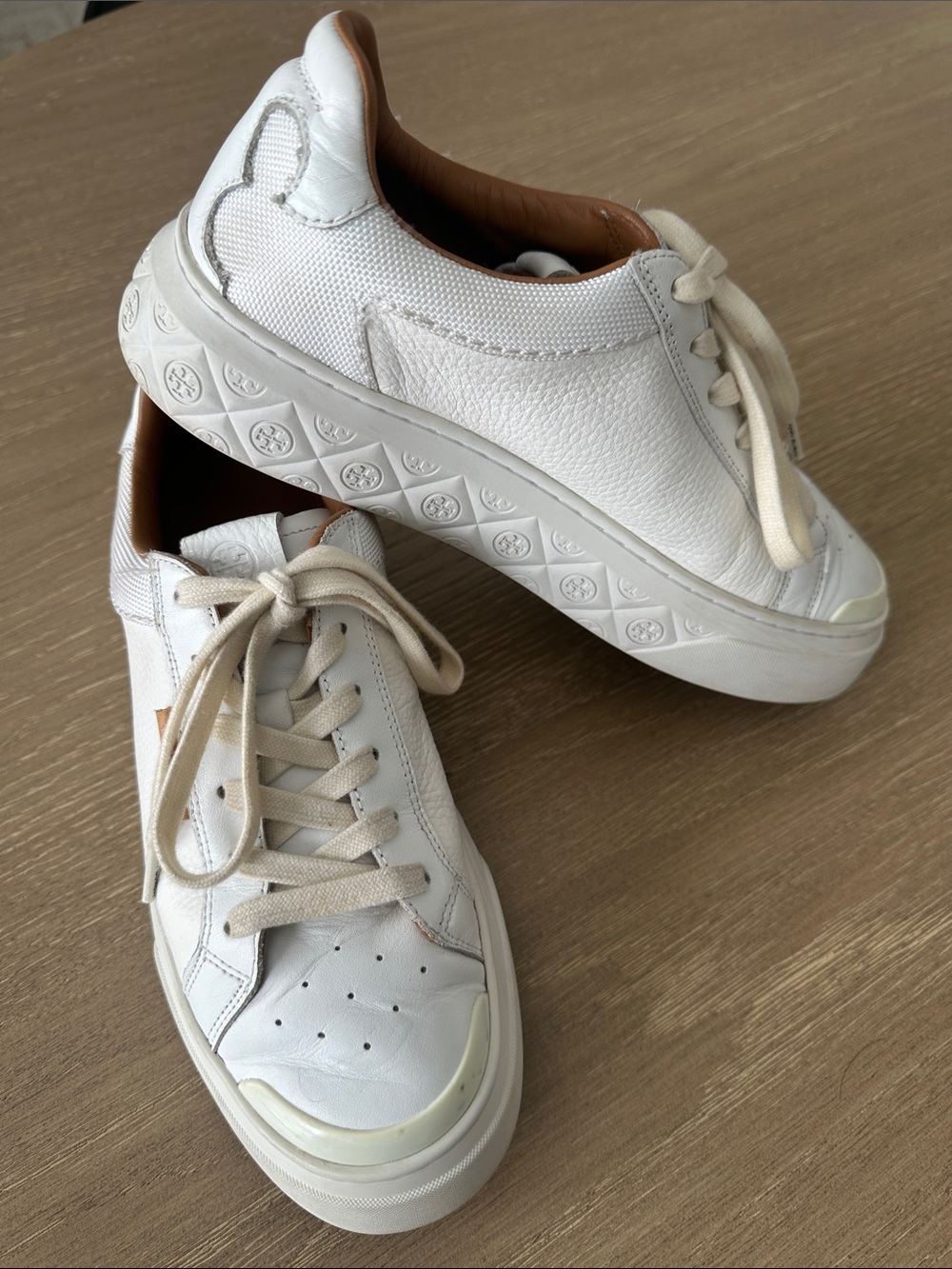 Tory Burch Ladybug White Leather Platform Sneakers with Tan Accents